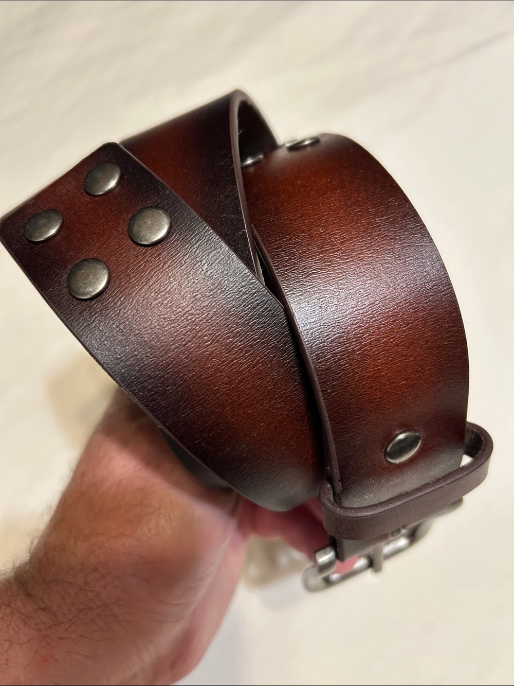 Men's Brown Leather Rivet Belt with Brushed Metal Buckle